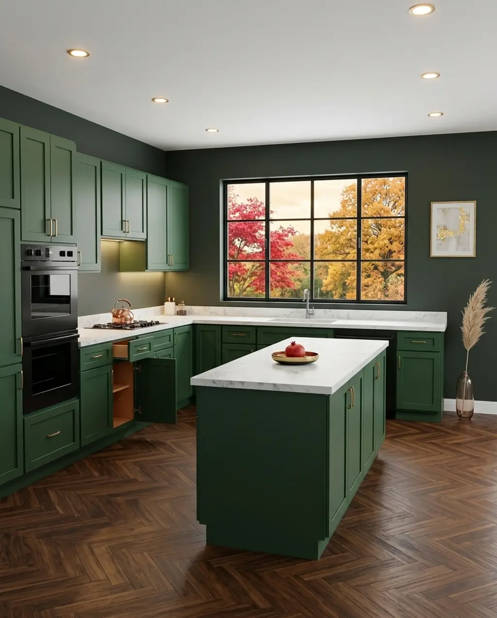 Dark Green Cabinets with White Marble and Gold Accents — Budget Version