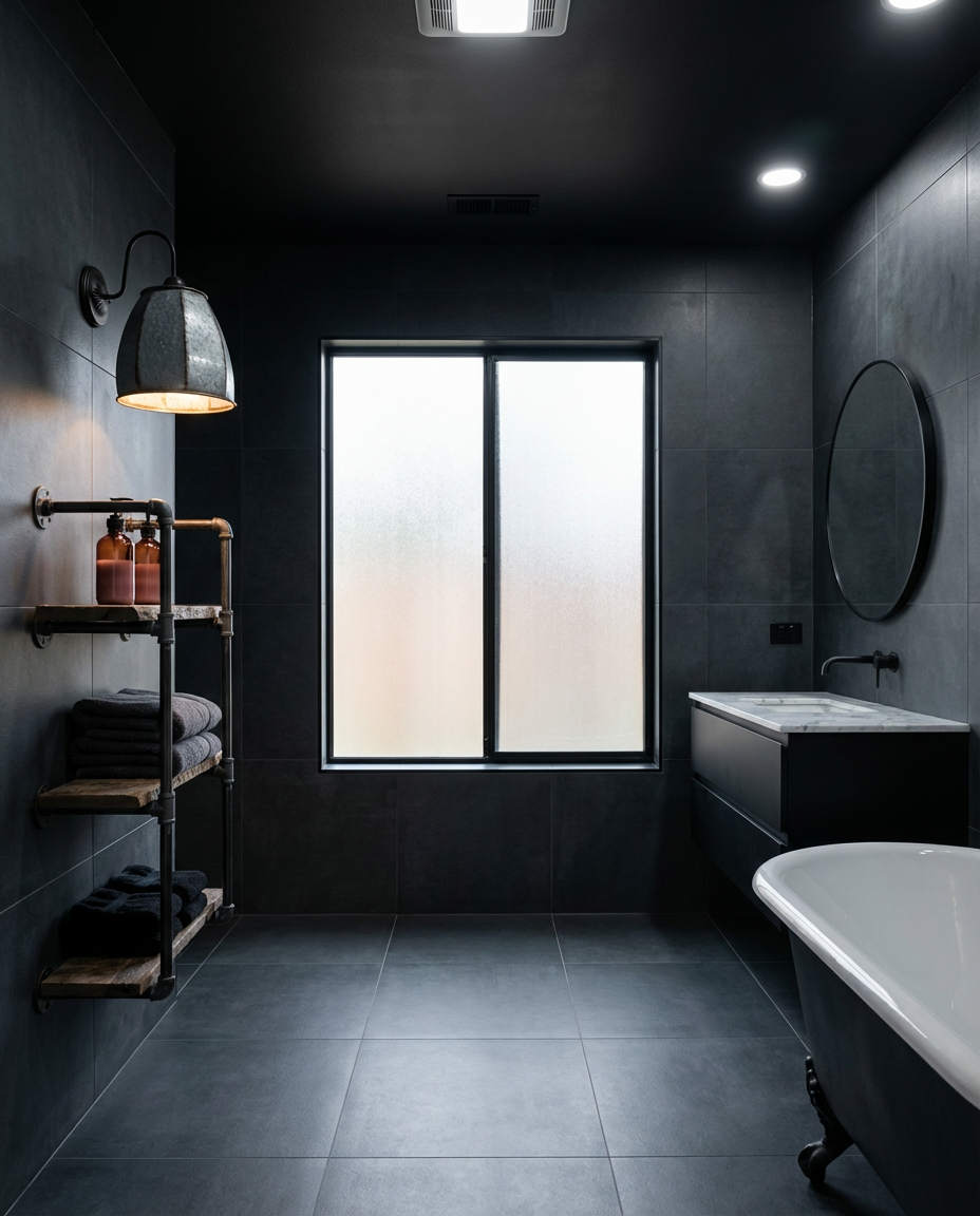 Dark & Moody Bathroom Organization with Industrial Shelves