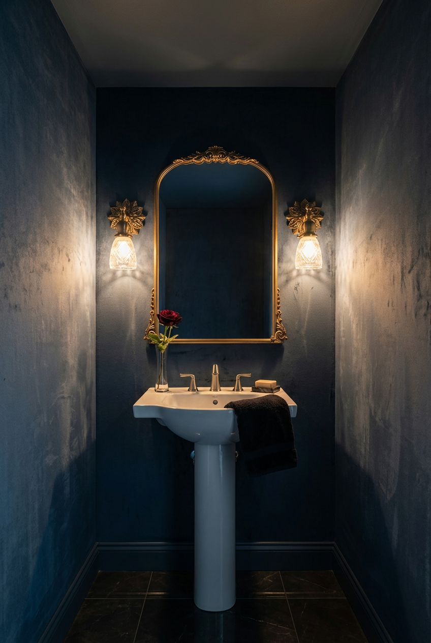 Small Luxury Powder Room with Dark Walls
