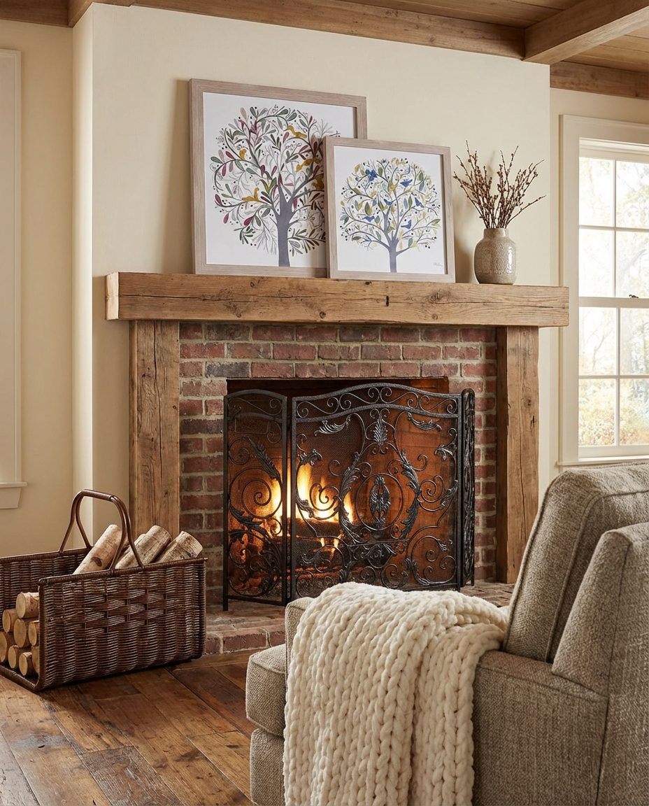 Rustic Brick Fireplace with Natural Wood Mantel
