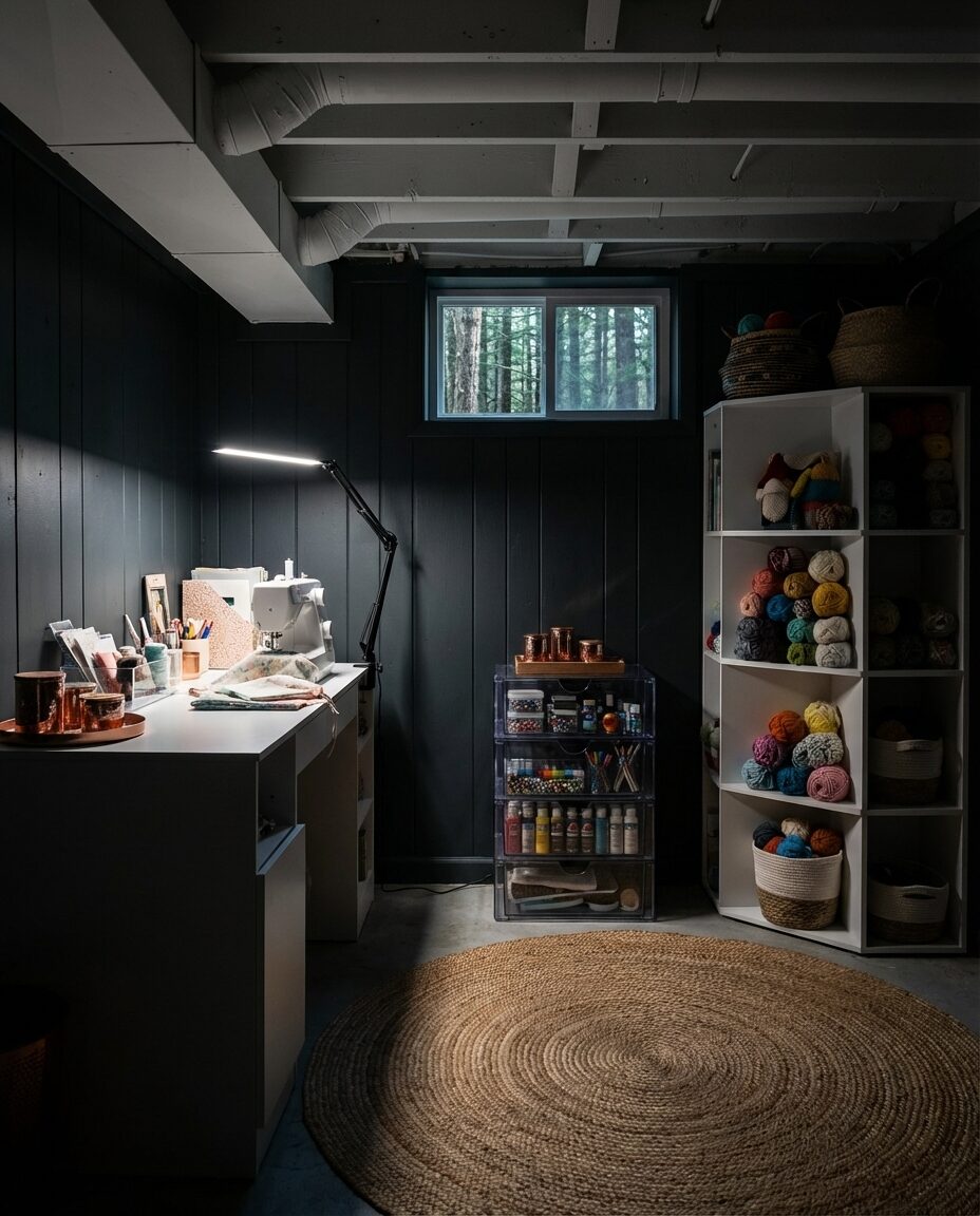 Versatile Basement Craft Room with Extensive Storage