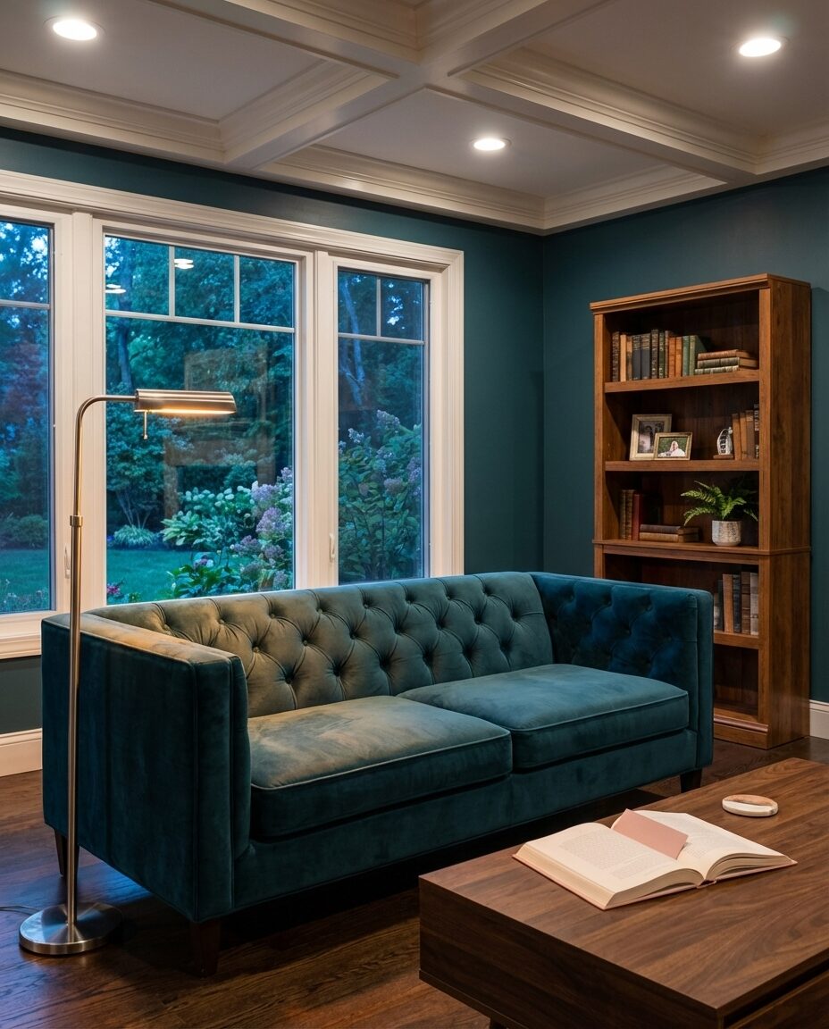 Deep Teal Living Room with Rich Wood Tones