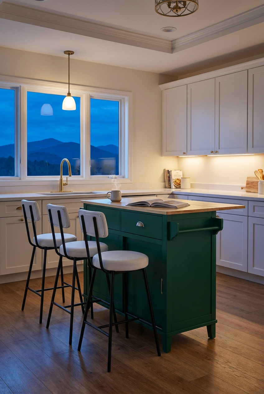 Transitional Kitchen with Emerald Green Island & Unique Faucet