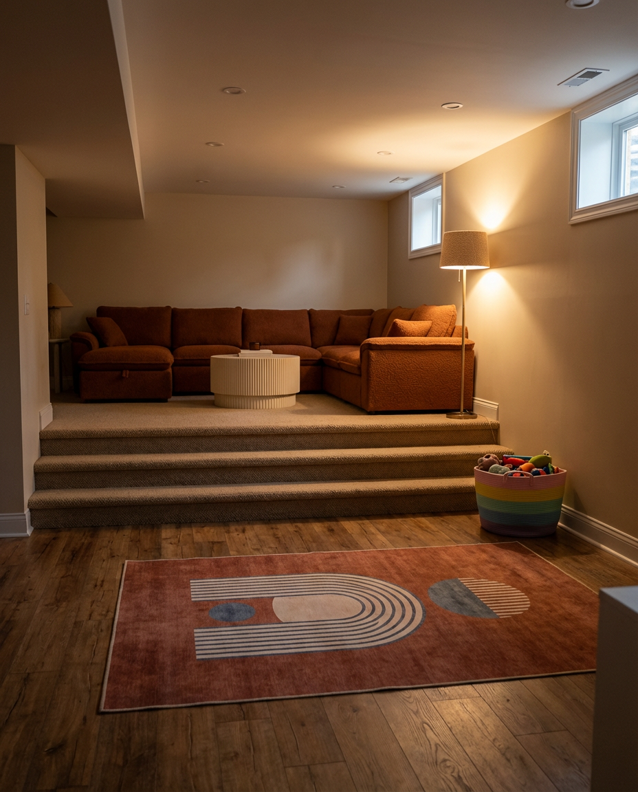 Split-Level Basement with Kids' Play Area Below, Adult Lounge Above
