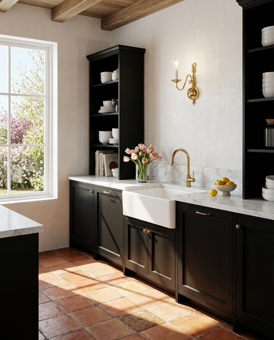 Black Kitchen with Terracotta Tile Floor