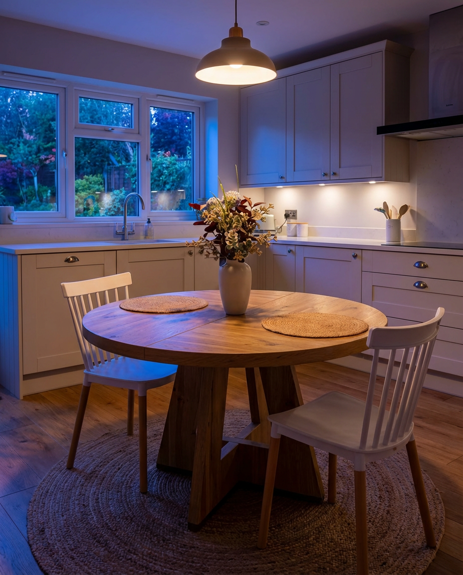Round Kitchen Table with Colorful Centerpiece and Woven Placemats