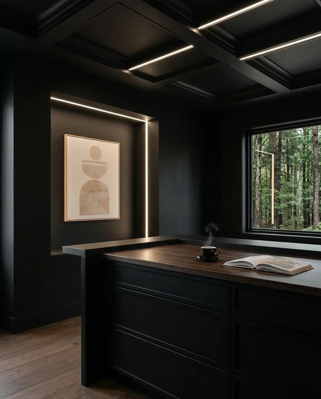 Contemporary Black Kitchen with Integrated Art Niche and Linear Lighting