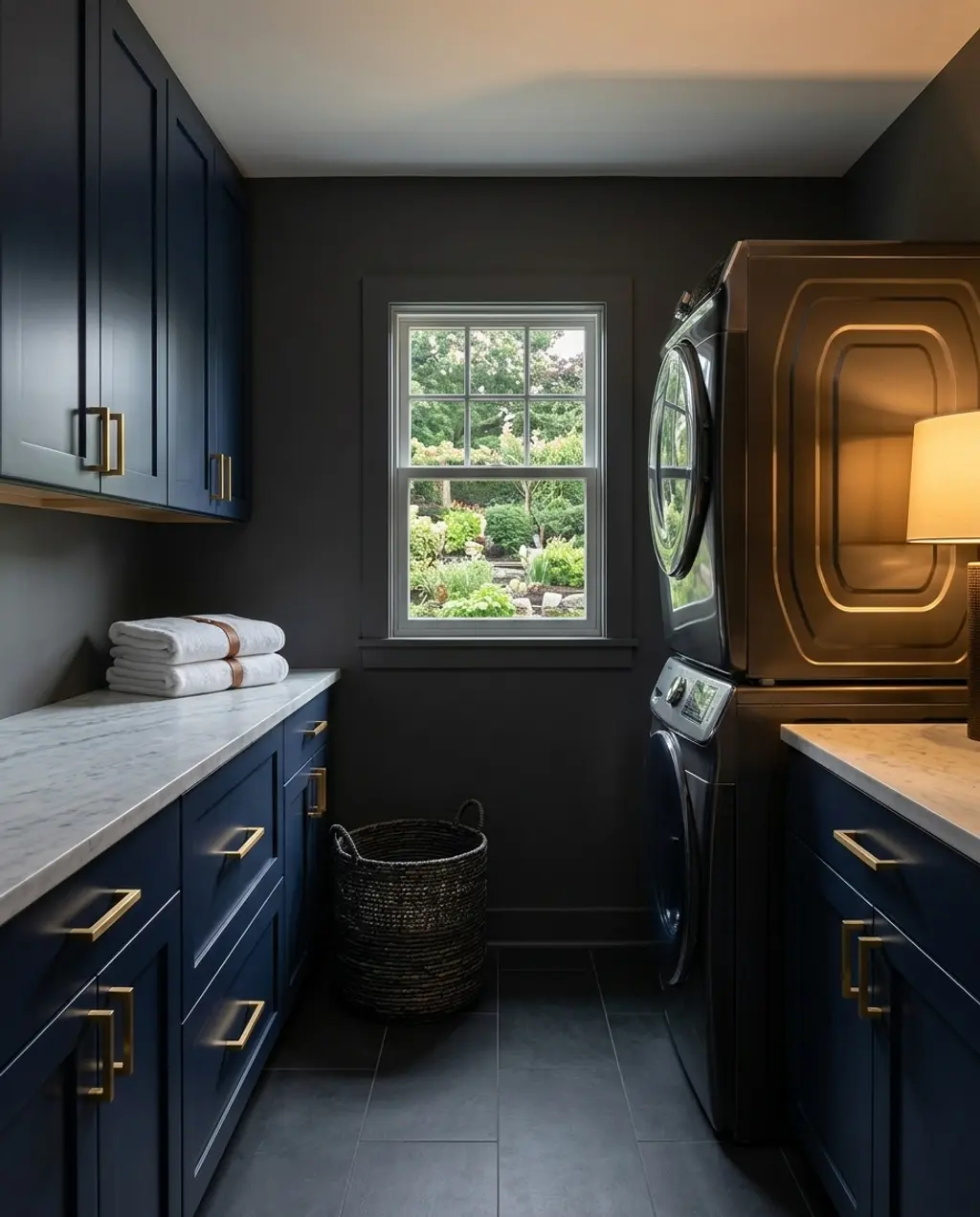 Chic Dark-Toned Laundry with Gold Hardware