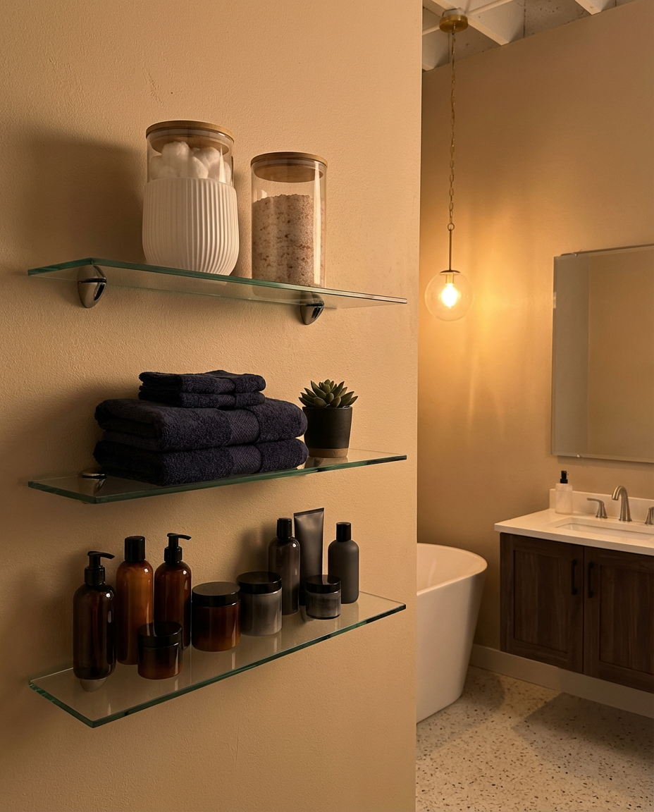 Floating Glass Shelves for a Light & Airy Bathroom