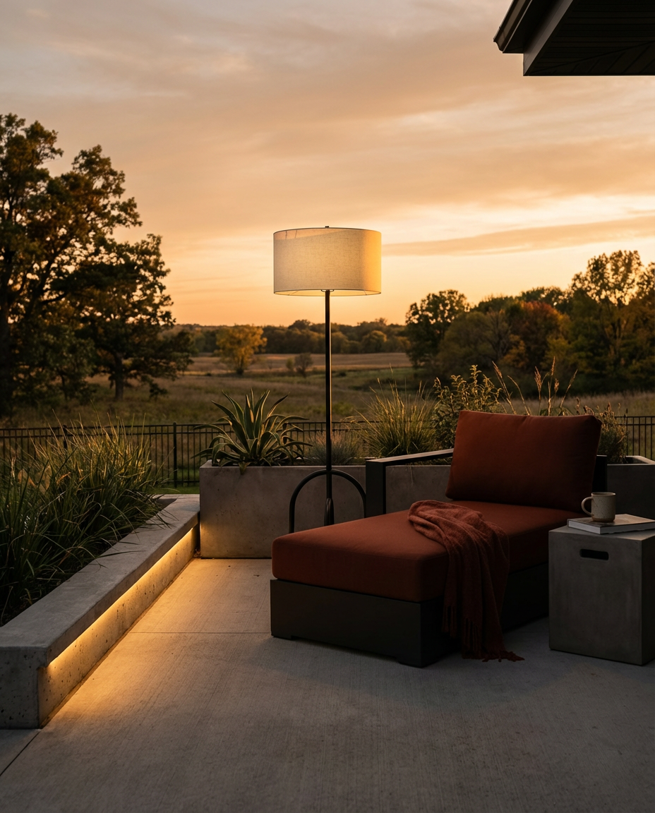 Sleek Concrete Patio with Integrated Planters and Lighting