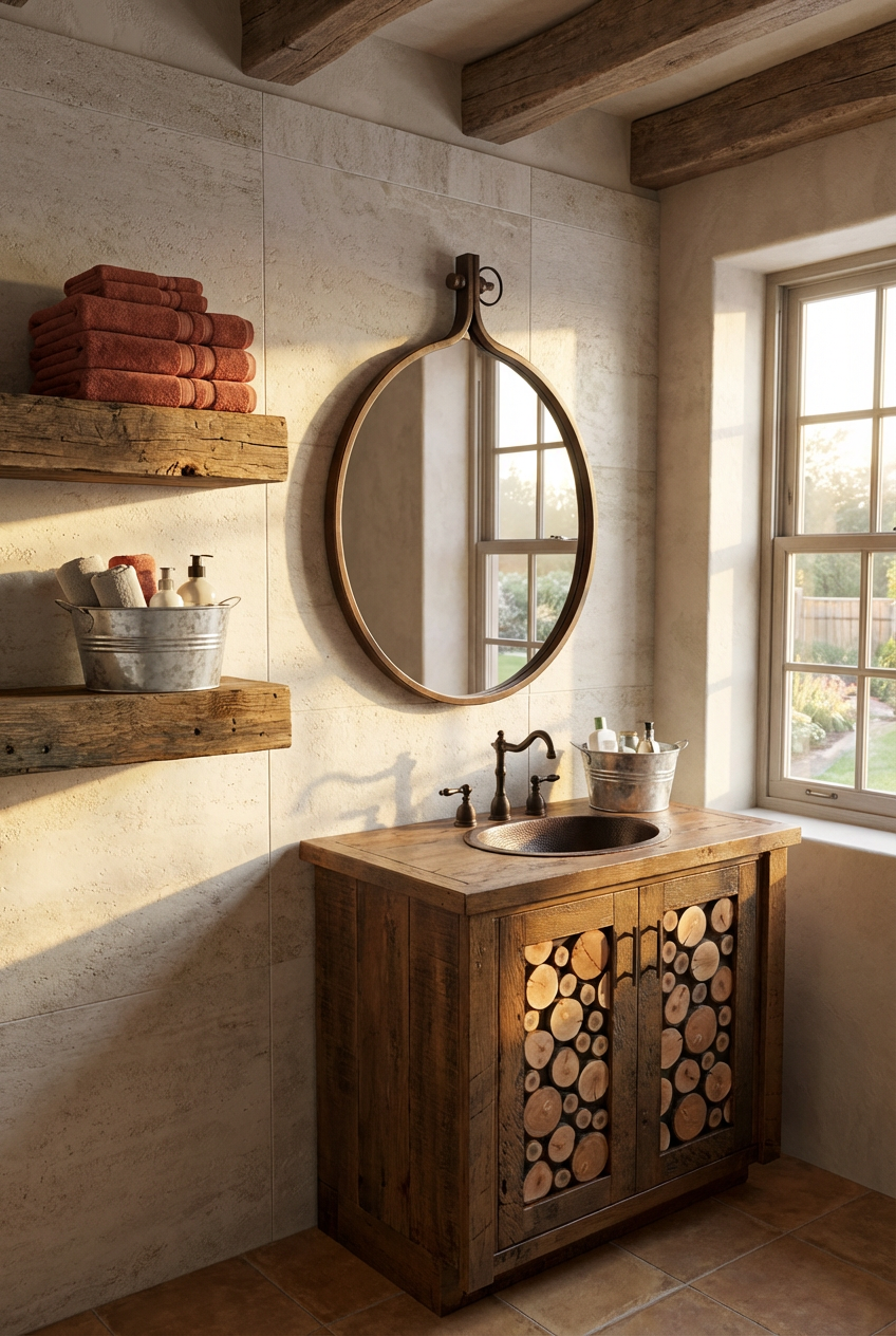 Rustic Bathroom with Reclaimed Wood Shelves & Bins