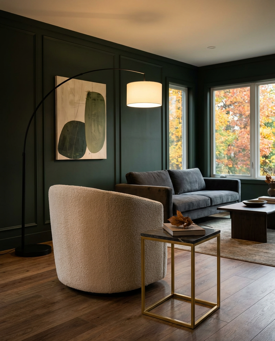 Dark Green Panel Wall and Moody Lighting