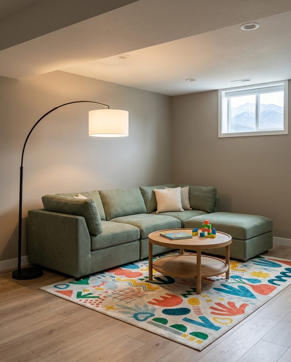 Inviting Basement Family Room with Durable Flooring