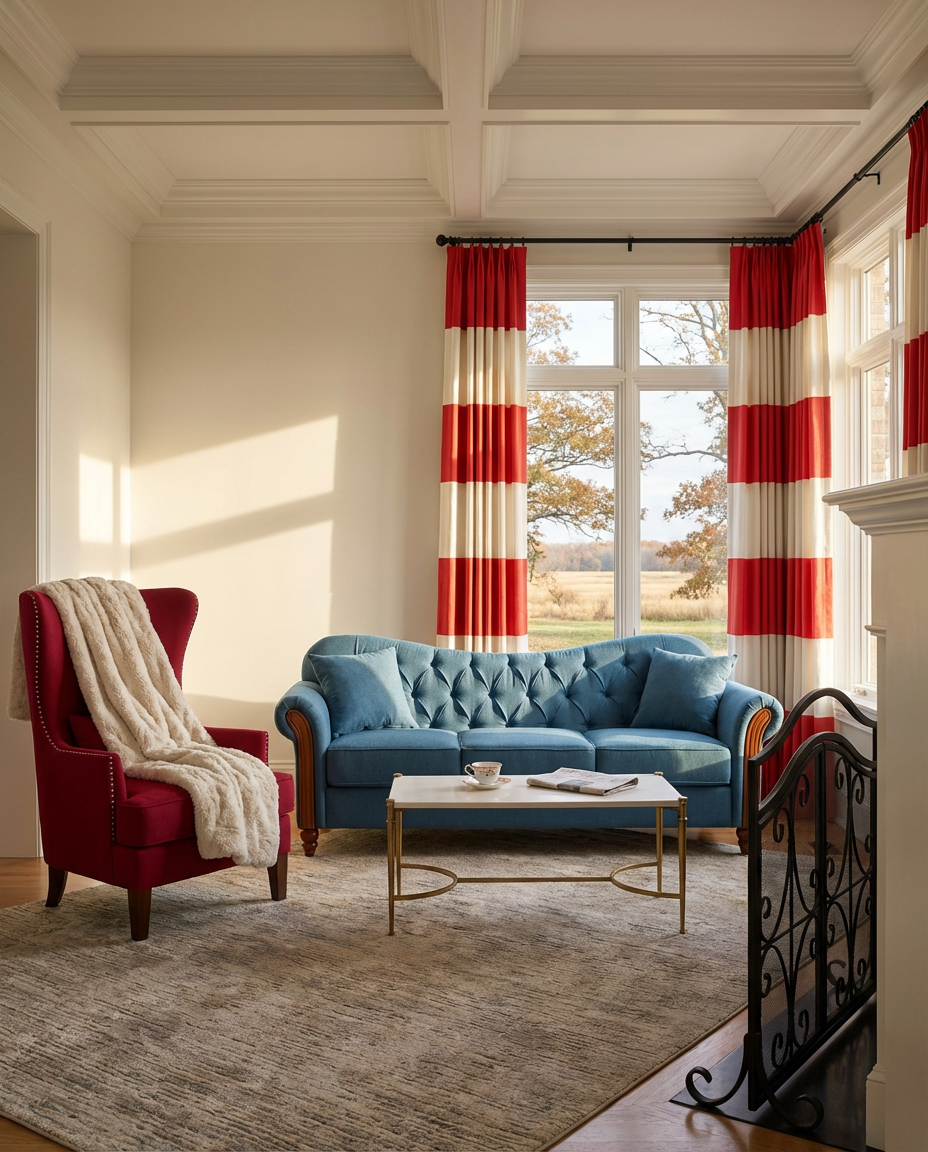 Patriotic Blue Living Room with Red Accents