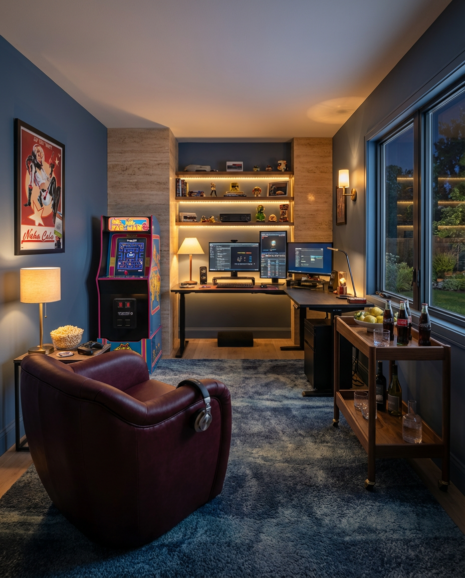 Eclectic Gaming Room with Vintage Arcade Accents