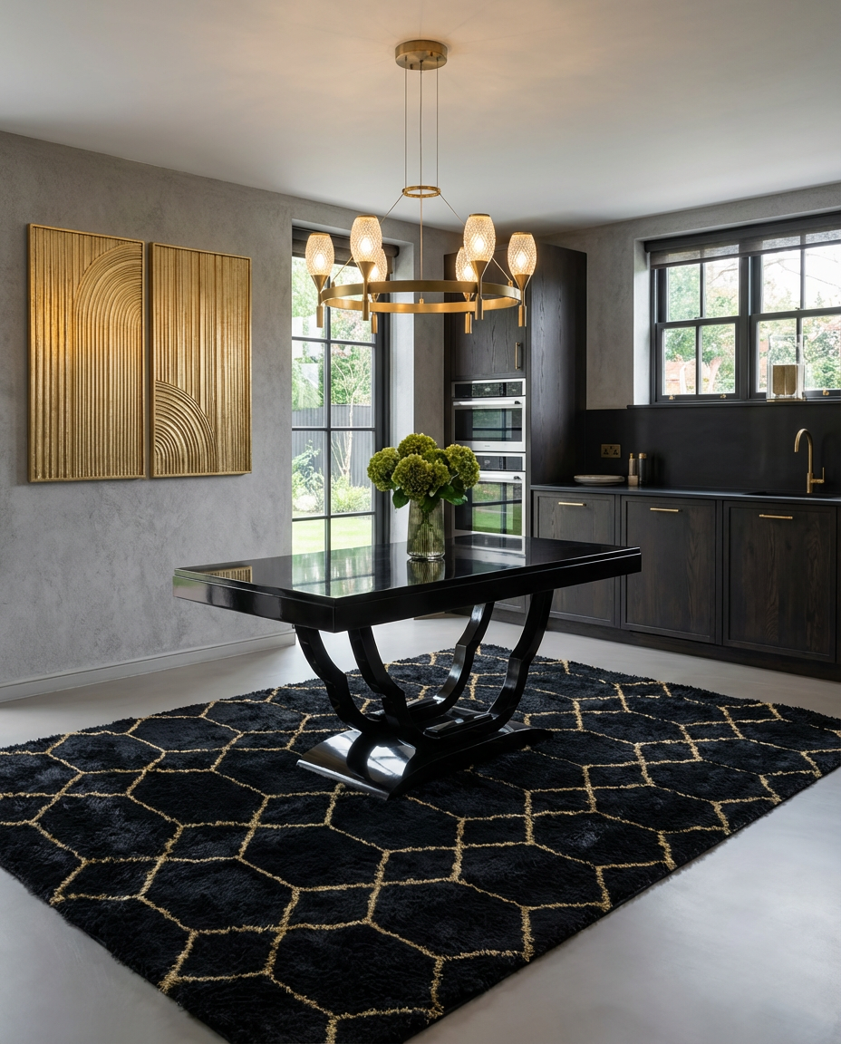 Black Kitchen Table Makeover with Bold Geometric Rug and Sculptural Art