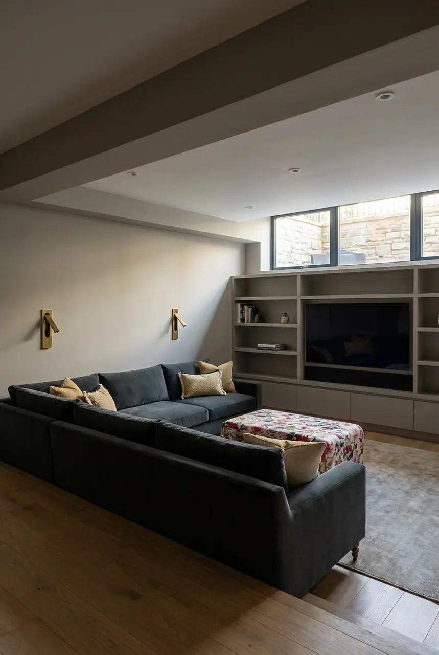 Split-Level Basement Entertainment Zone with Built-in Seating