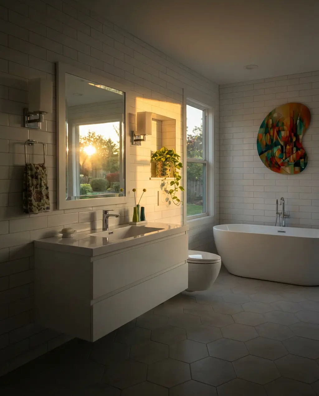 Bright White Bathroom with Colorful Accents