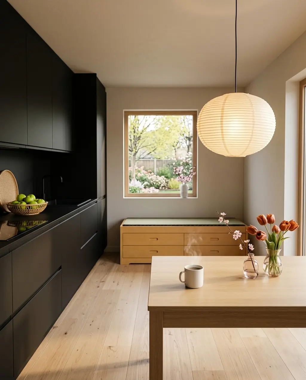 Japanese Black Kitchen with Minimalist Wood Elements and Tatami Mat Seating