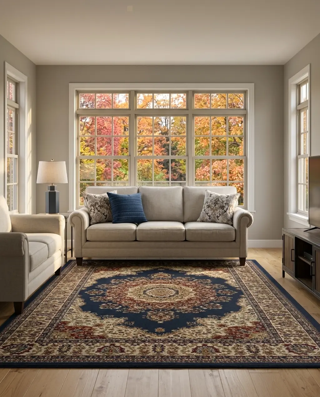 Serene Greige Walls & Deep Blue Accents Living Room