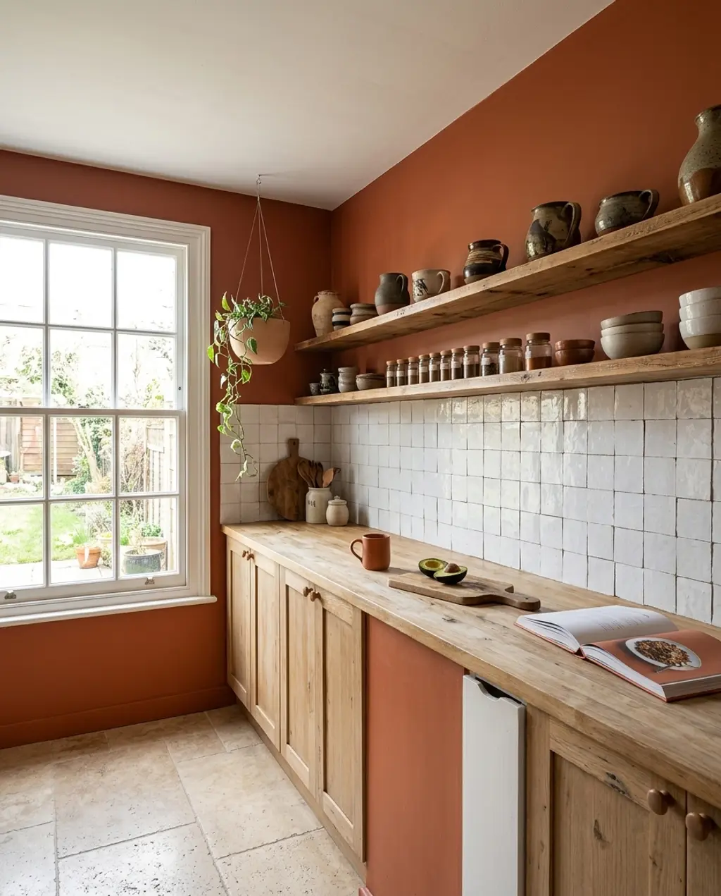 Bohemian Kitchen with Rust-Colored Walls and Wood Tones