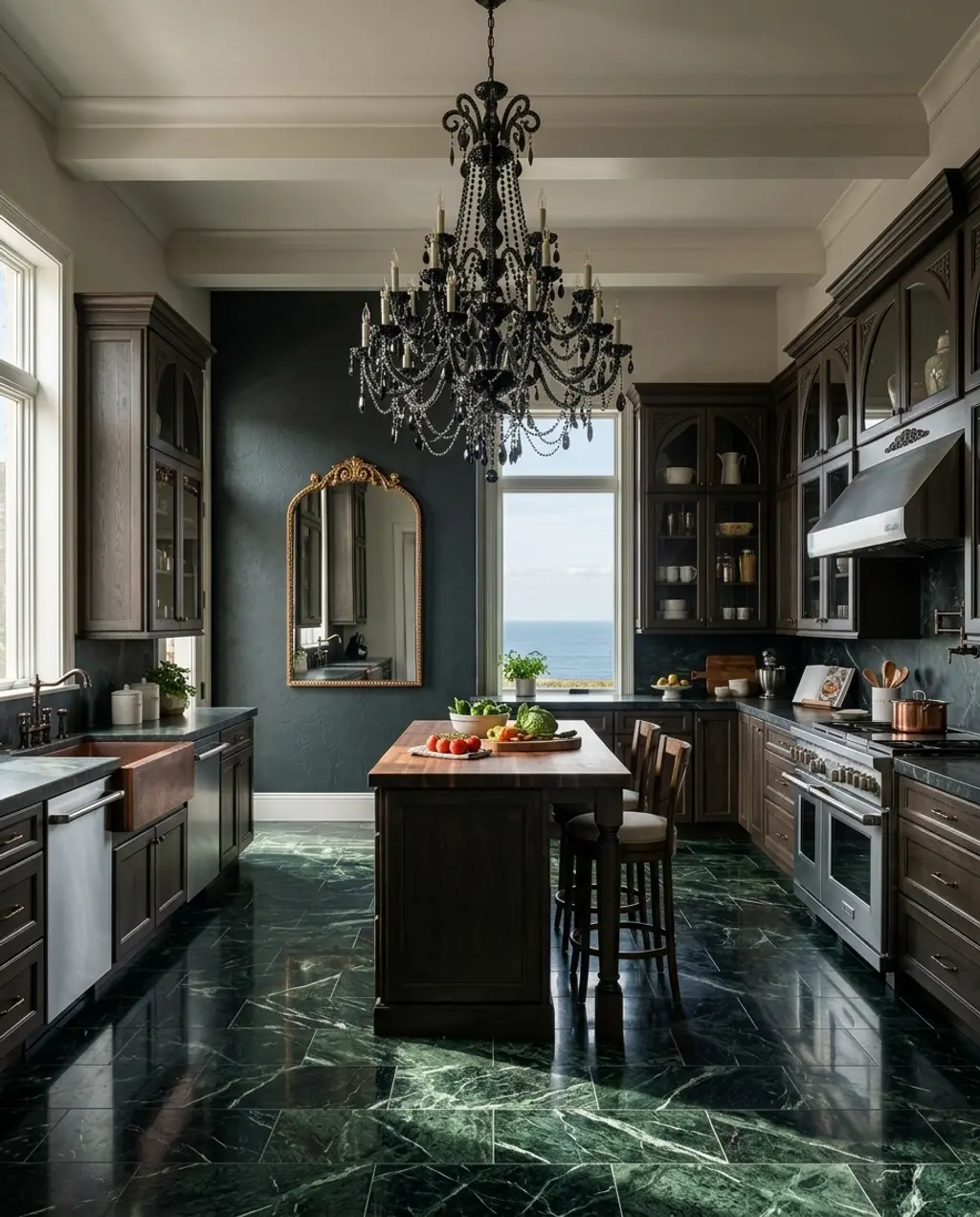 Gothic Revival Kitchen with Dark Marble Flooring