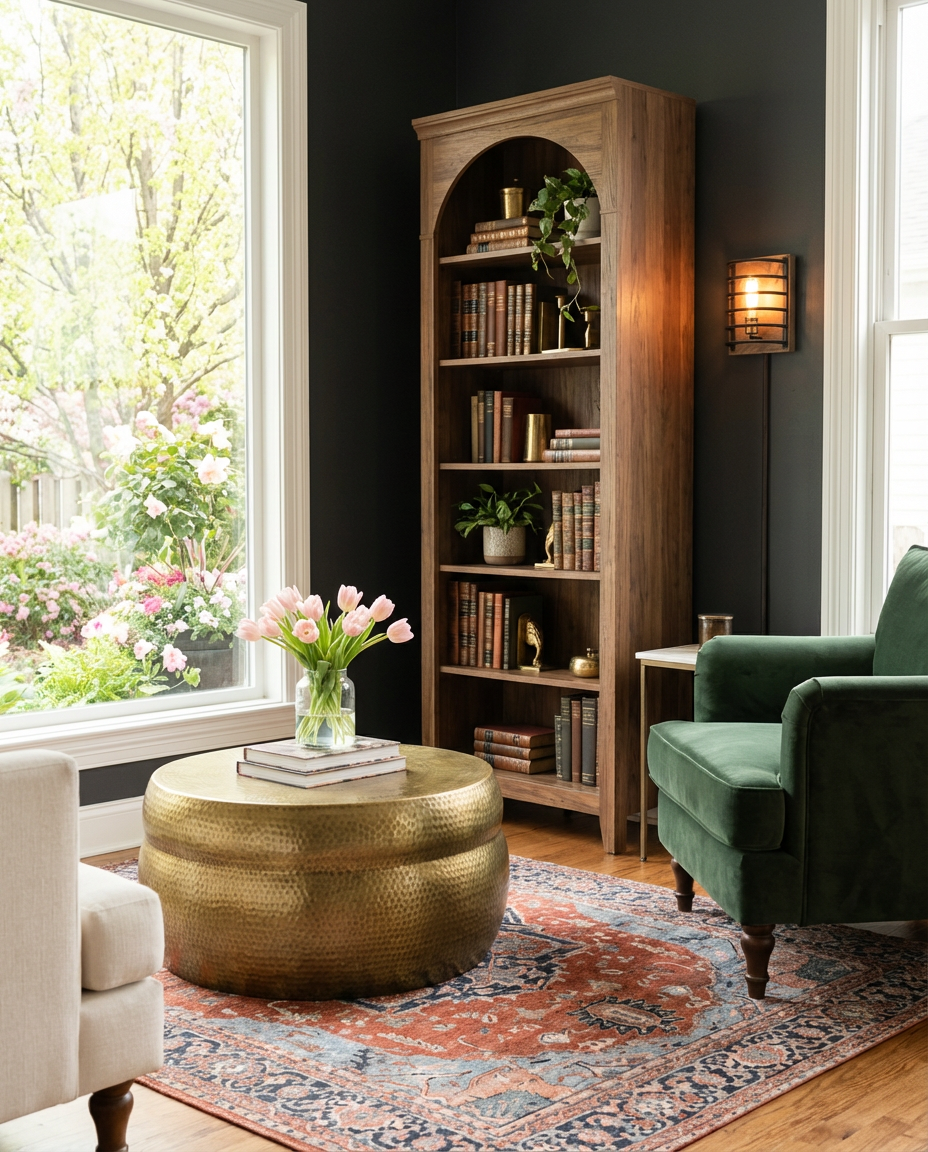 Dark Academia Inspired Living Room with Gallery Wall