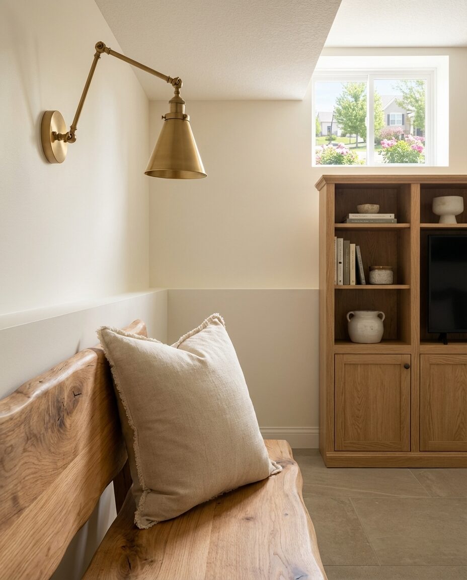 Cozy Split-Level Basement Den with Built-in Seating