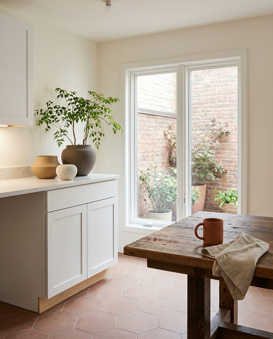 Simple & Serene Kitchen with Terracotta Floor Tile