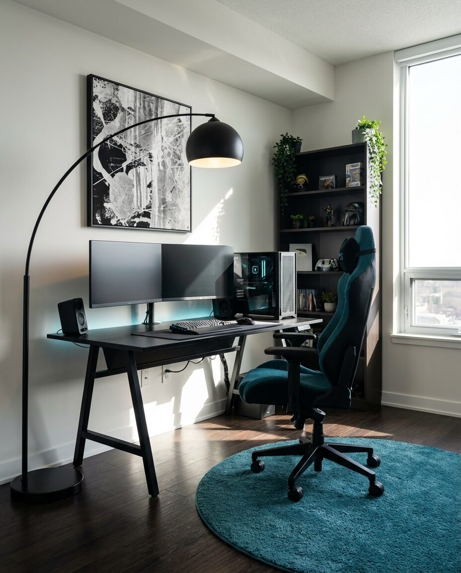 Sophisticated Black and Wood Minimal Gaming Haven