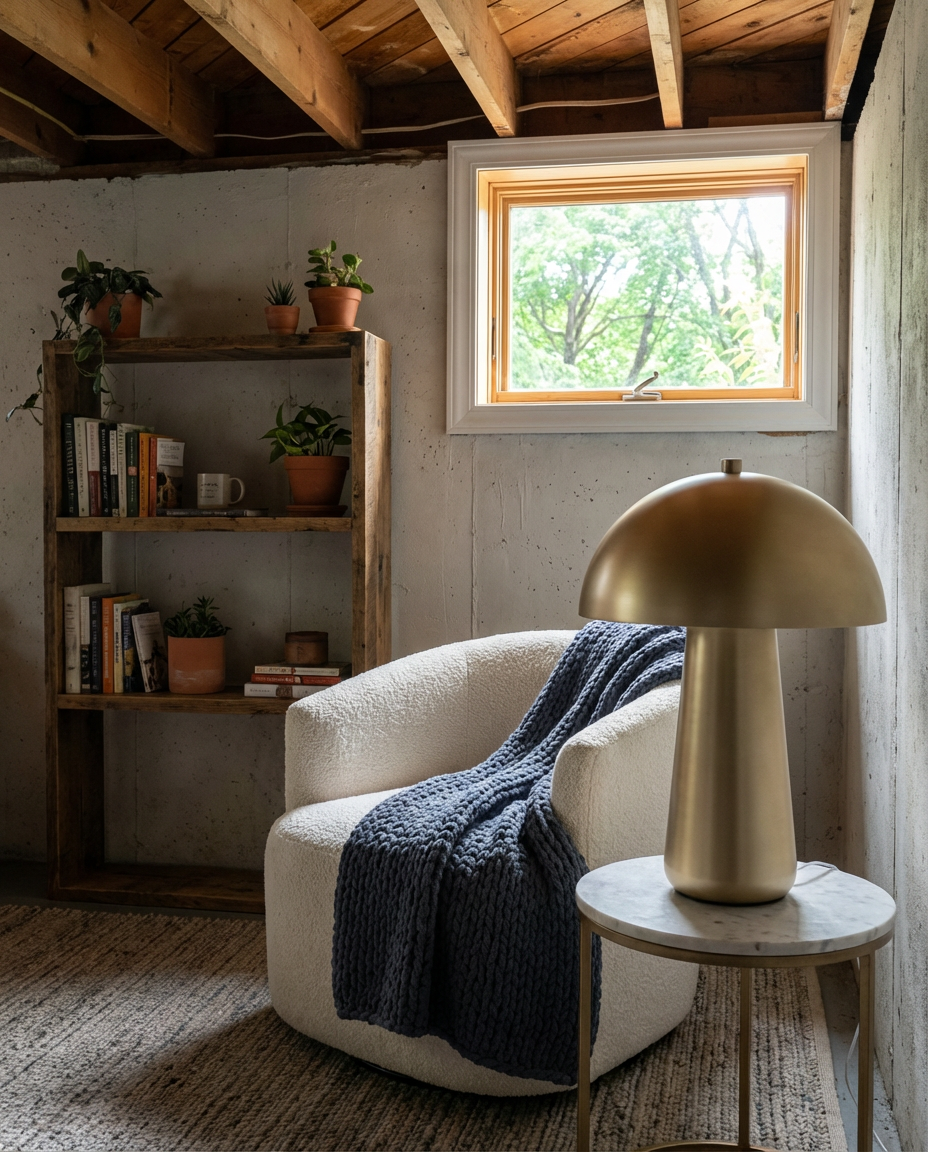 Unfinished Basement Transformed into Cozy Reading Nook