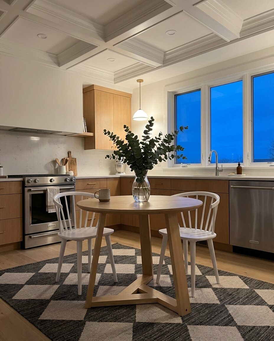 Minimalist Scandinavian Kitchen Table with Fresh Greenery Centerpiece
