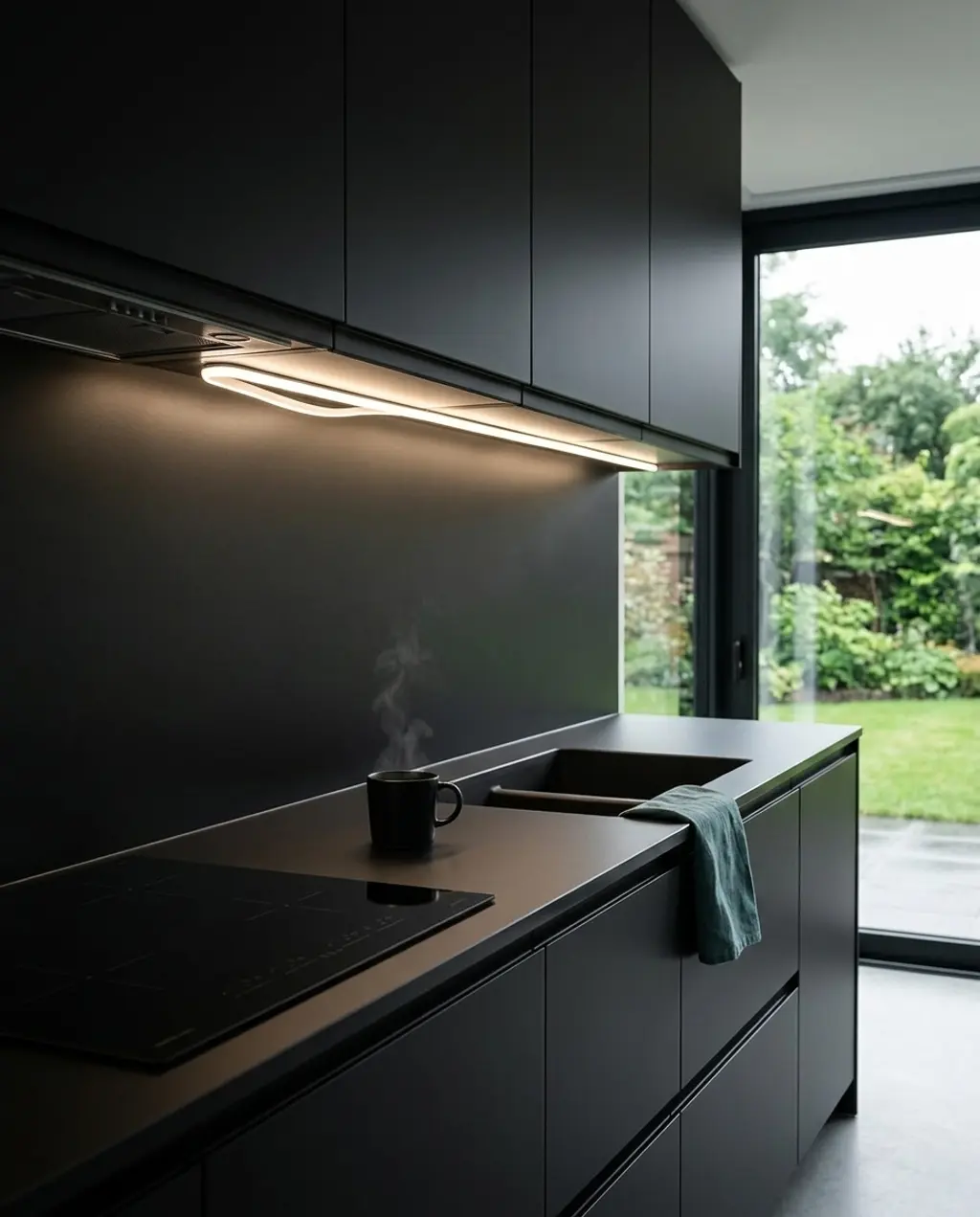 All Black Kitchen with Integrated Lighting and Minimalist Design