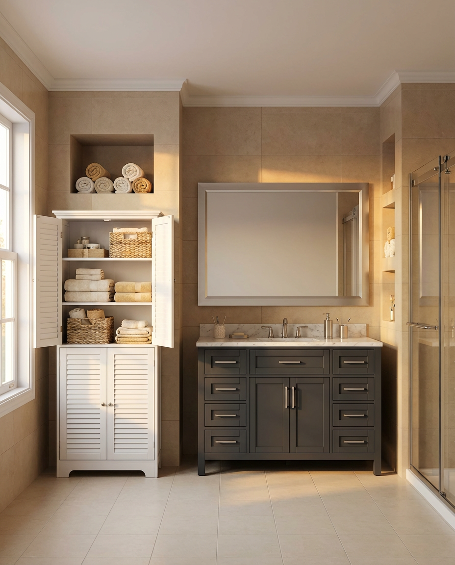 Transitional Bathroom with Built-in Towel Cubbies
