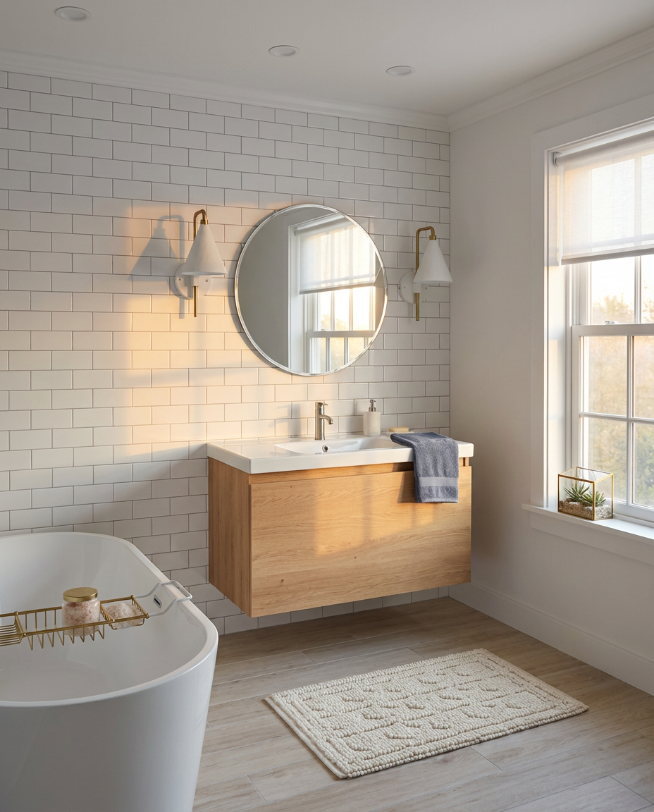 Scandinavian Bathroom with Light Wood and White
