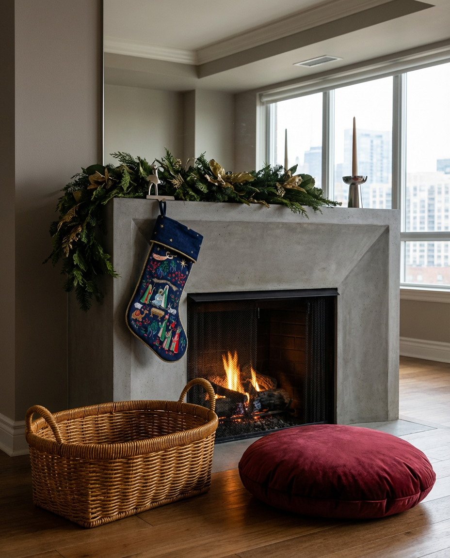 Cozy Christmas Fireplace with Garland and Stockings