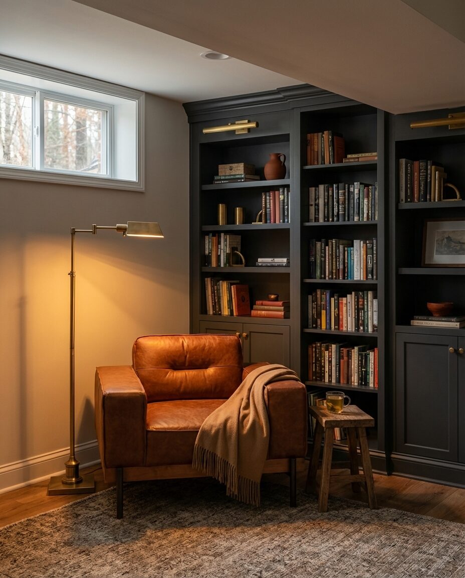 Sleek Basement Library and Reading Nook