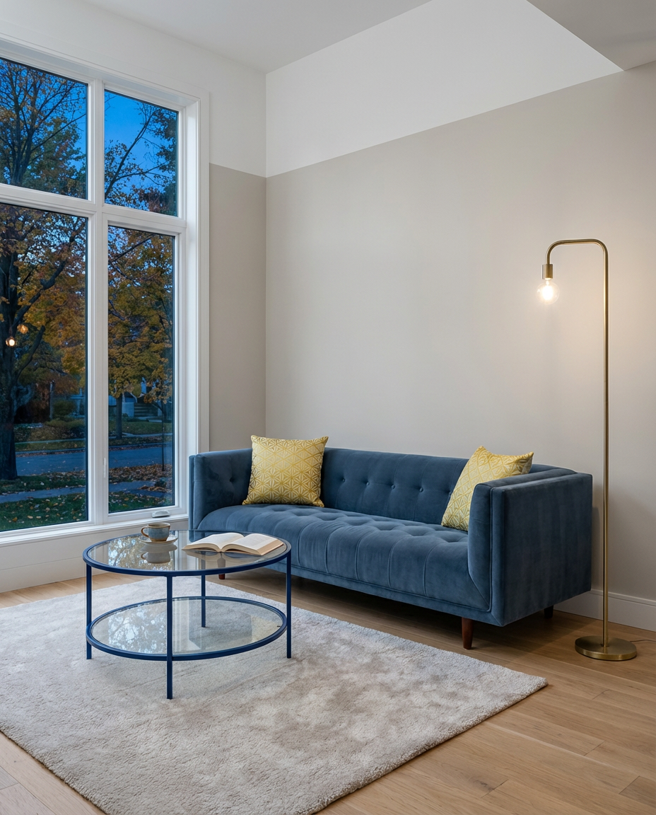 Dusty Blue Living Room with Velvet and Brass