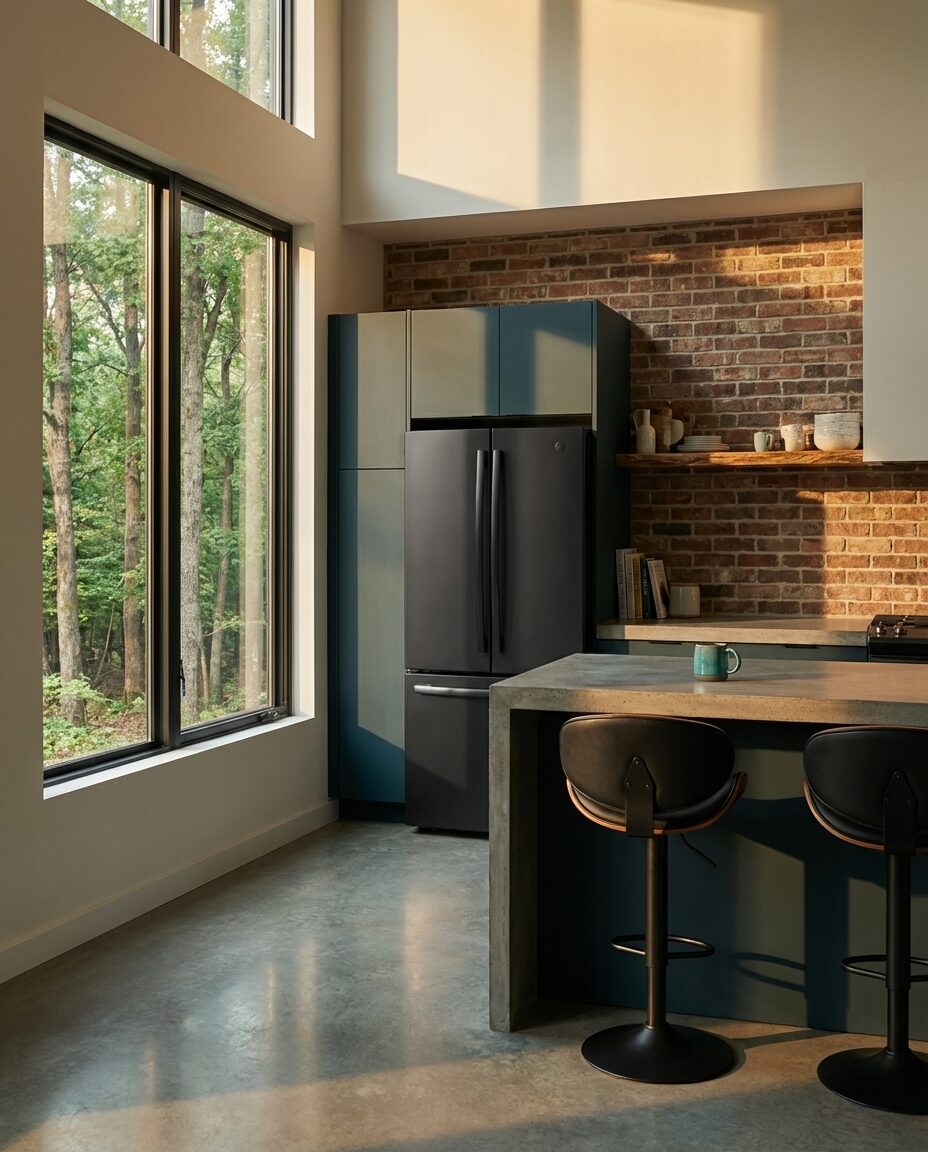 Modern Loft Kitchen with Matte Black Appliances & Brick Wall