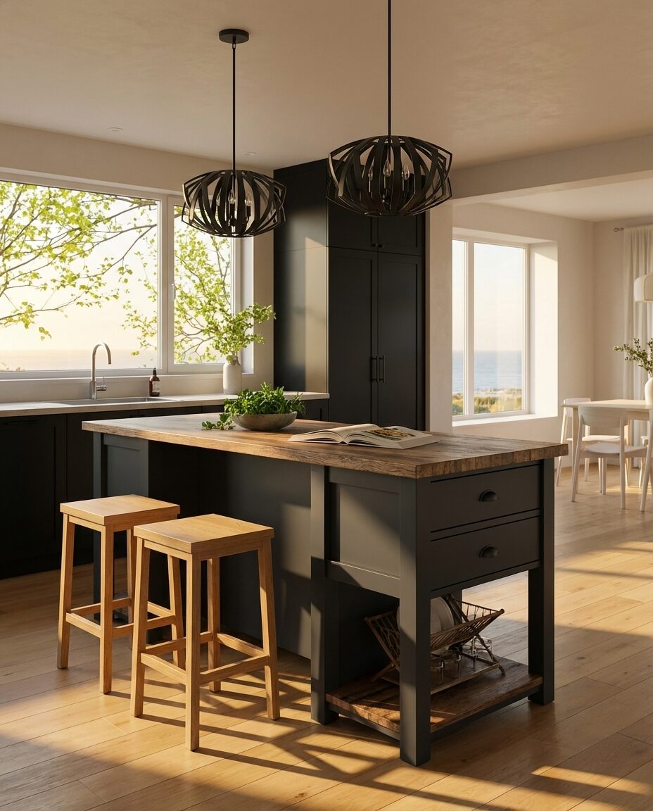 Black Kitchen with Oversized Island and Seating