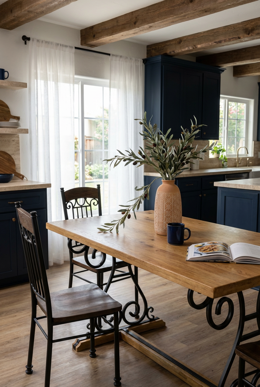 Mediterranean Kitchen Table with Terracotta Vases and Olive Branch Centerpiece
