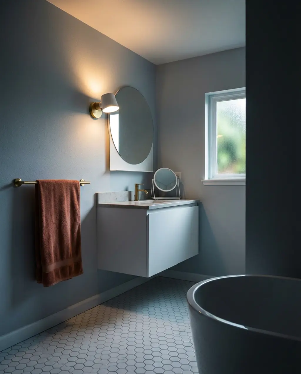 Small Bathroom Solution: Light Gray-Blue & White — Luxury Version