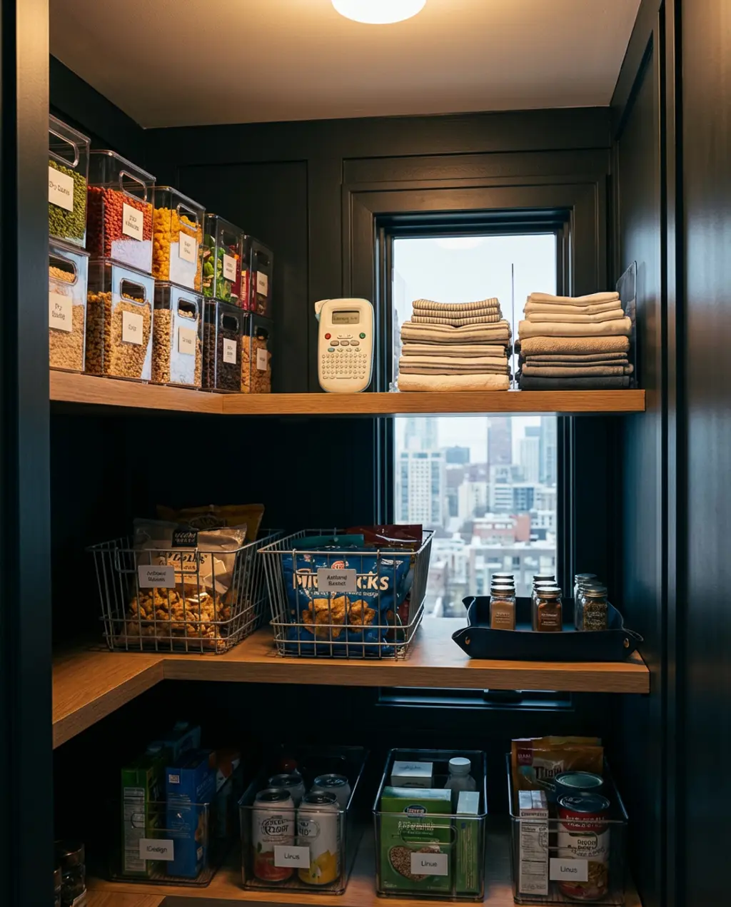 Organized Deep Pantry with Clear Bins & Labels