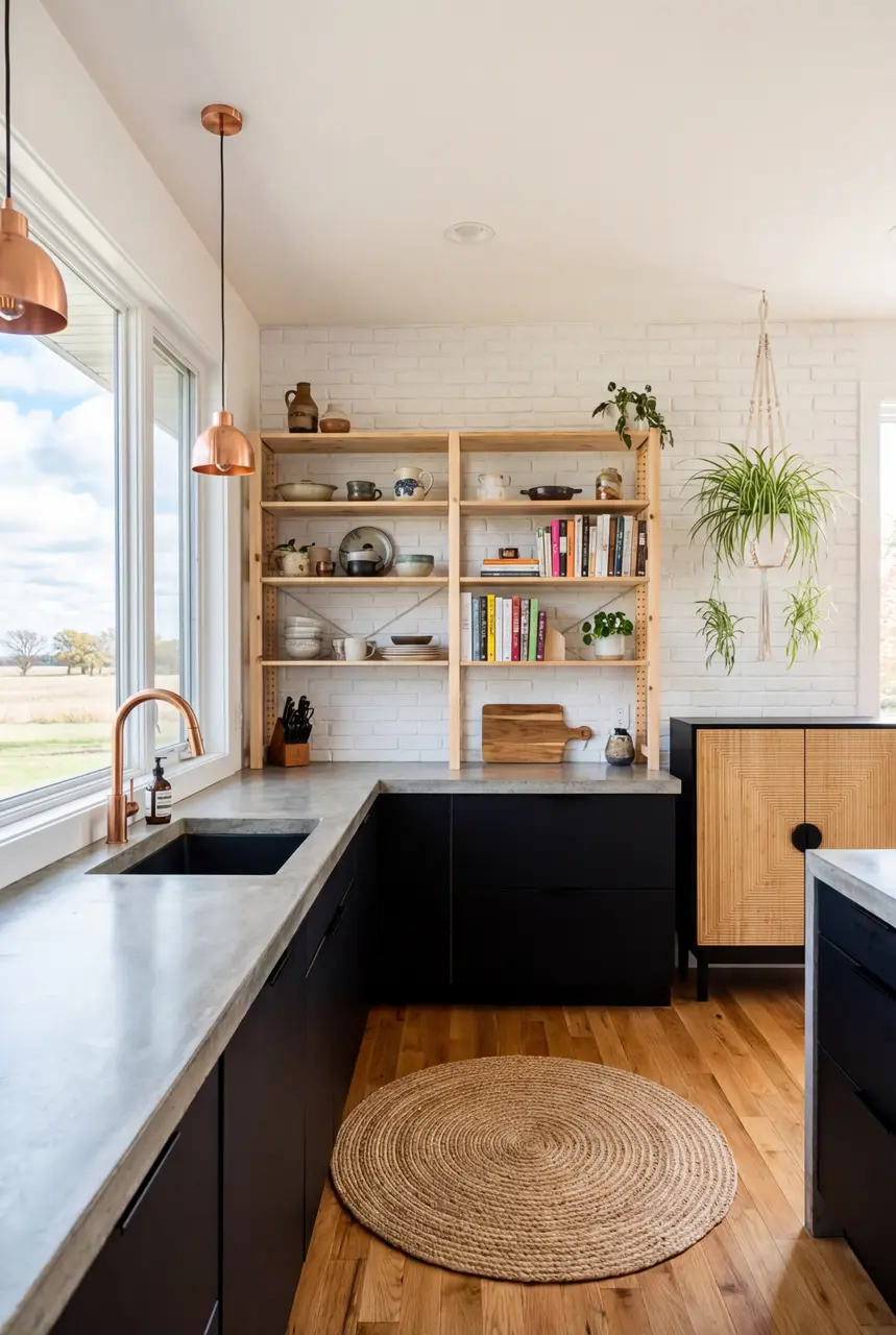 Bohemian Black Kitchen with Woven Rug and Natural Wood Accents