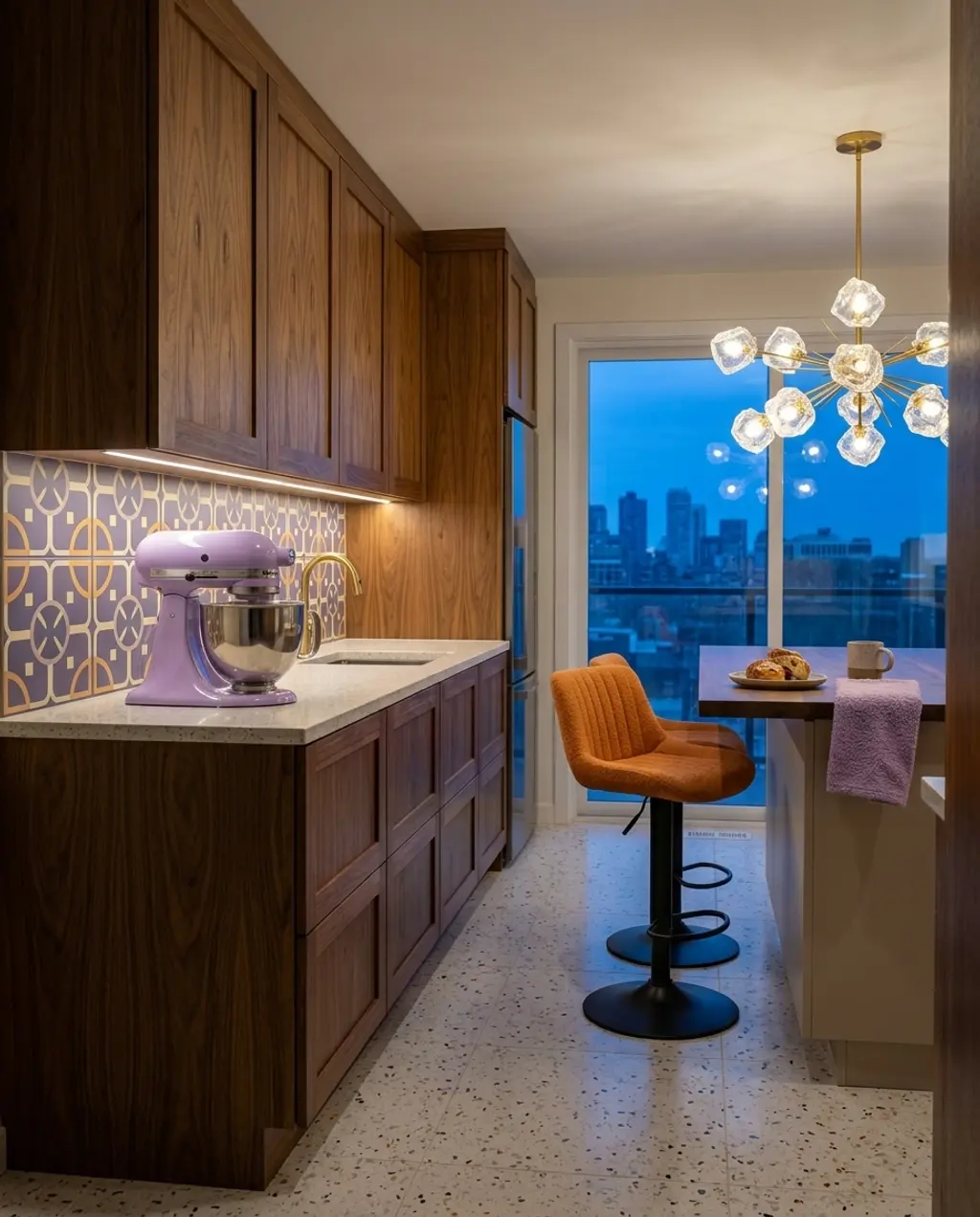 Mid-Century Modern Galley Kitchen with Vibrant Pops