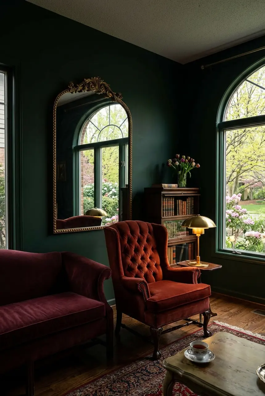 Dark Academia Inspired Living Room with Rich Jewel Tones
