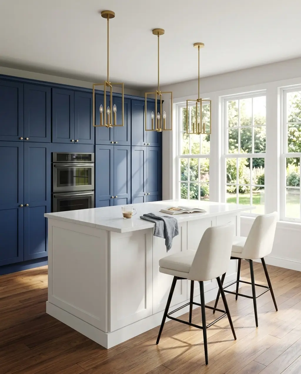 Sophisticated Navy Blue Kitchen with White Quartz Counters