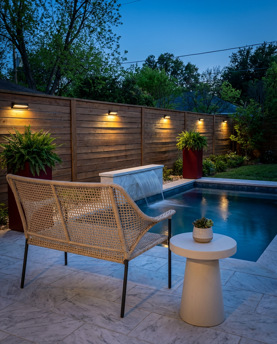 Small Pool with Waterfall Feature and Compact Seating