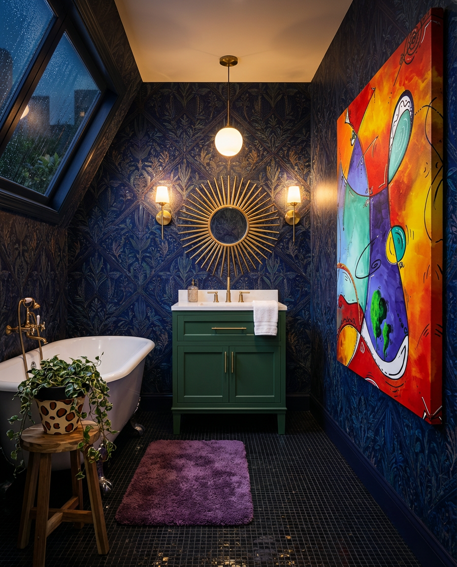 Maximalist Bathroom with Bold Wallpaper