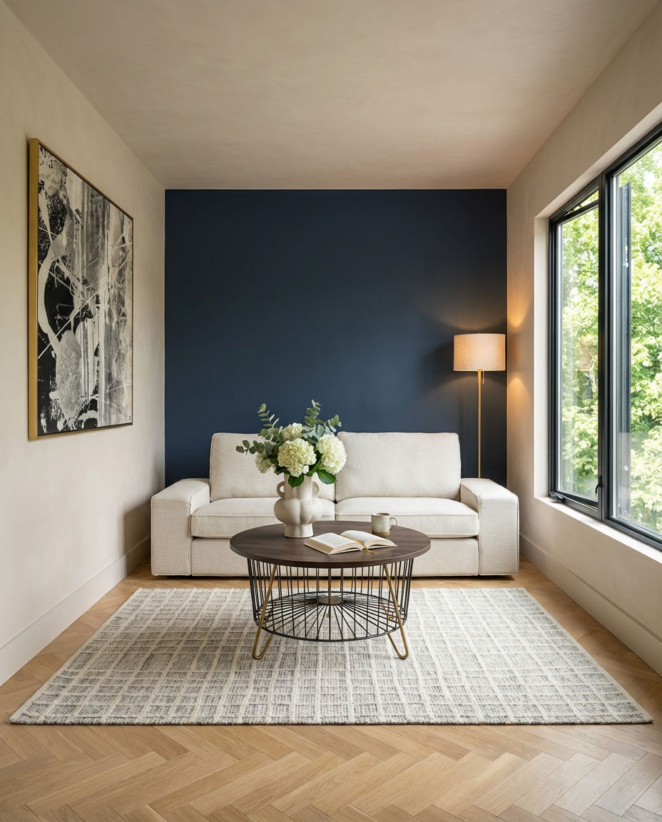 Neutral Palette Living Room with Dark Paint Accent — Budget Version